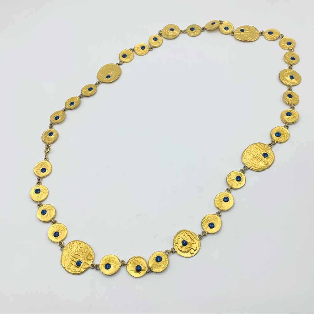 Vintage Gold Coin Necklace with Blue Cabochons – Roman Revival- Pauline Rader?